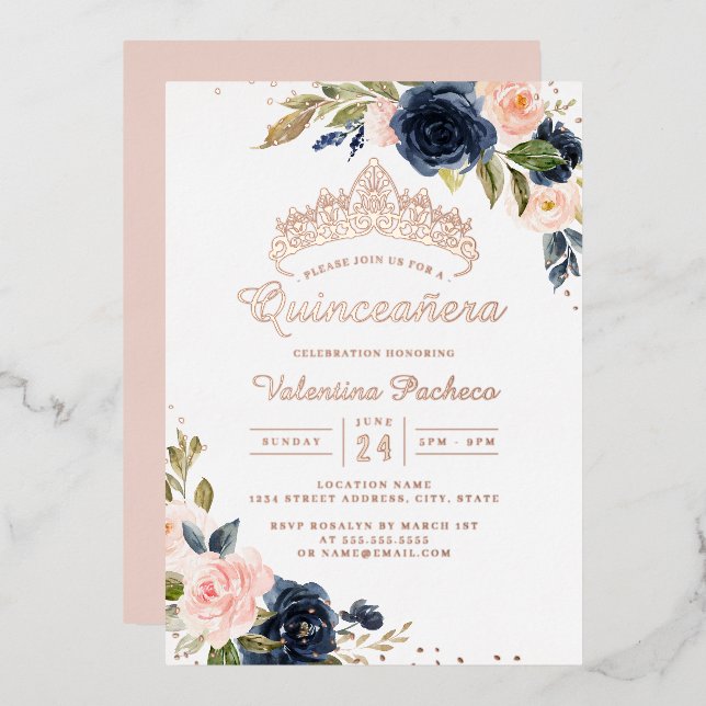 ROSE GOLD FOIL Navy Blush Quinceanera  Foil Invitation (Front/Back)