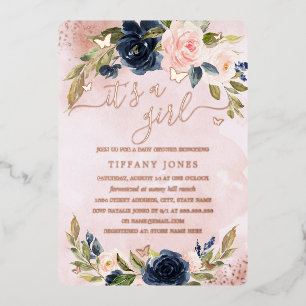 ROSE GOLD FOIL Navy Pink Floral Baby Shower Foil Invitation