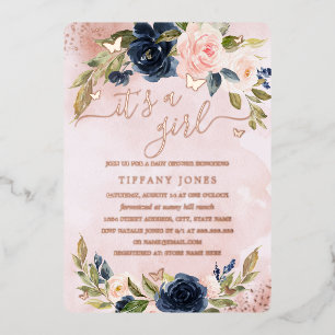 ROSE GOLD FOIL Navy Pink Floral Baby Shower  Invitation