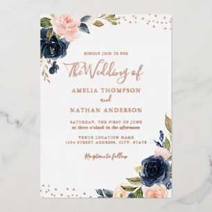 ROSE GOLD FOIL Navy Pink Floral Wedding Invitation