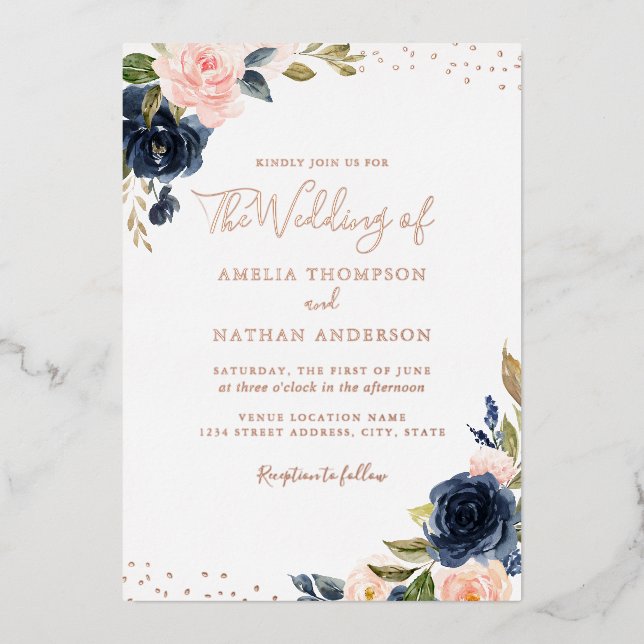 ROSE GOLD FOIL Navy Pink Floral Wedding Invitation (Front)