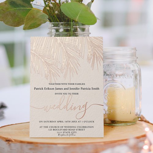 Rose gold foil palm tree elegant script wedding foil invitation