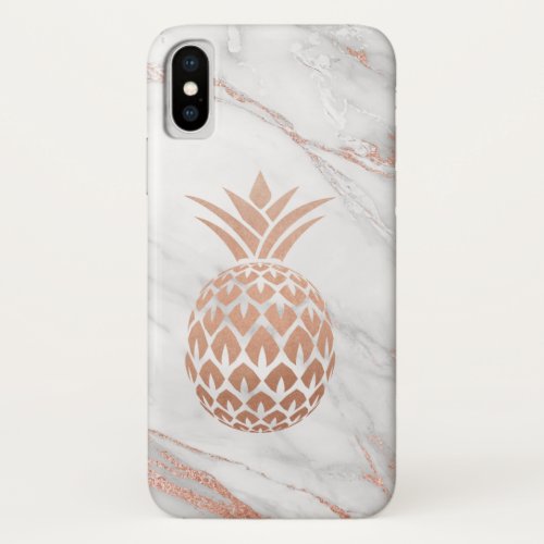 Rose Gold Foil Pineapple on White Marble iPhone XS Case