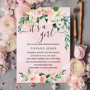 ROSE GOLD FOIL Pink Blush Floral Baby Shower Foil Invitation
