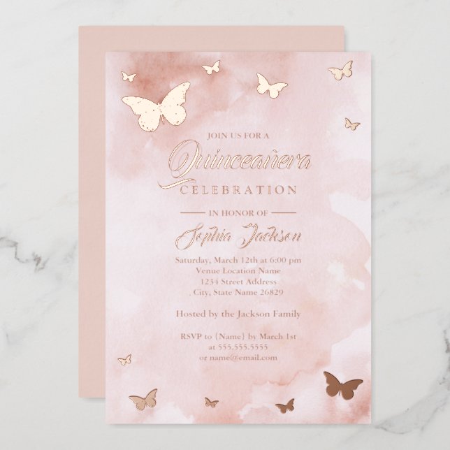 ROSE GOLD FOIL Pink Butterfly Quinceanera  Foil Invitation (Front/Back)