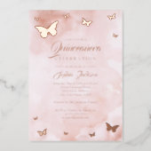 ROSE GOLD FOIL Pink Butterfly Quinceanera  Foil Invitation (Front)