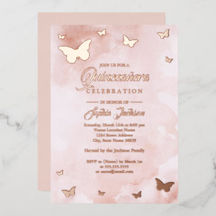 ROSE GOLD FOIL Pink Butterfly Quinceanera  Invitation