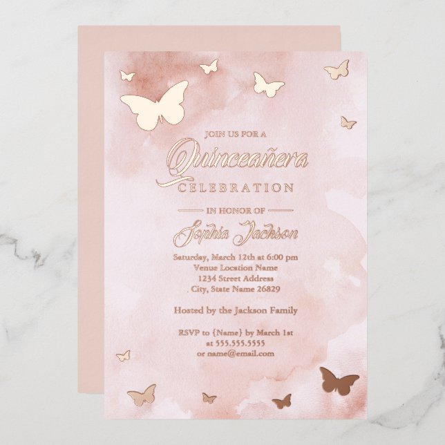 ROSE GOLD FOIL Pink Butterfly Quinceanera  Invitation (Front/Back)