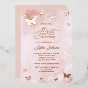 ROSE GOLD FOIL Pink Butterfly Sweet 16 Party Foil Invitation