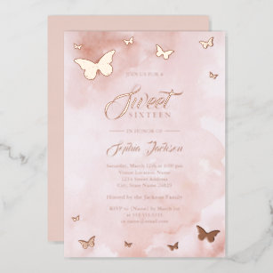 ROSE GOLD FOIL Pink Butterfly Sweet 16 Party Foil Invitation
