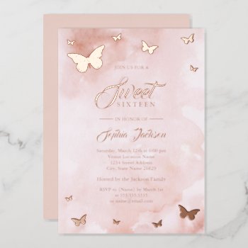 Rose Gold Foil Pink Butterfly Sweet 16 Party Foil Invitation by LittleBayleigh at Zazzle
