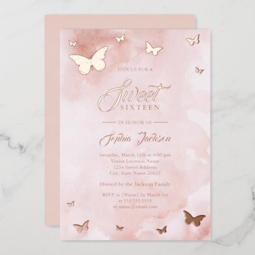 ROSE GOLD FOIL Pink Butterfly Sweet 16 Party Foil Invitation