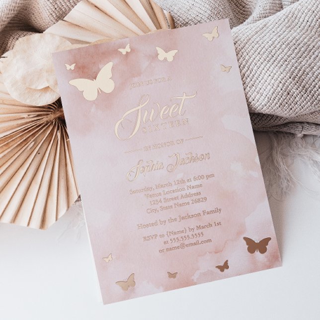 ROSE GOLD FOIL Pink Butterfly Sweet 16 Party Foil Invitation (Creator Uploaded)