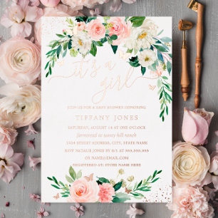 ROSE GOLD FOIL Pink Floral Baby Shower Foil Invitation