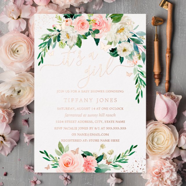 ROSE GOLD FOIL Pink Floral Baby Shower  Foil Invitation (Creator Uploaded)
