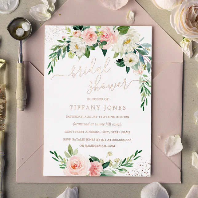 ROSE GOLD FOIL Pink Floral Bridal Shower Foil Inv Foil Invitation | Zazzle