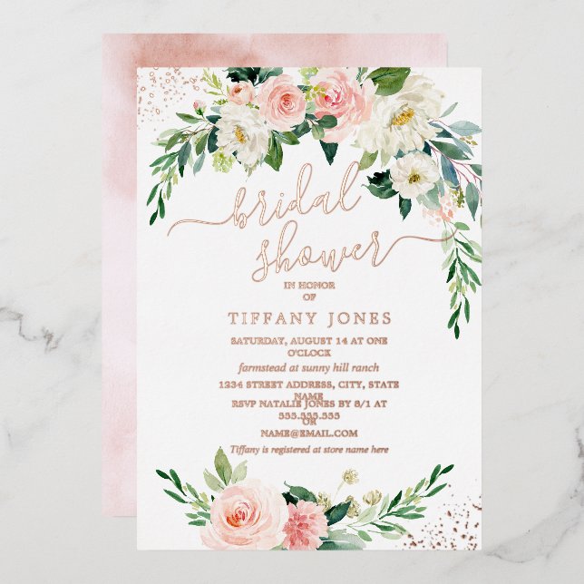 ROSE GOLD FOIL Pink Floral Bridal Shower  Foil Invitation (Front/Back)