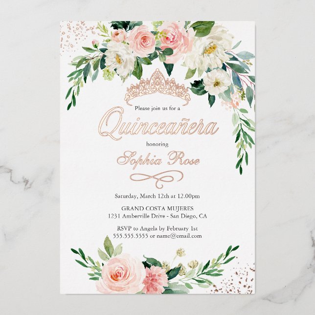ROSE GOLD FOIL Pink Floral Quinceanera  Foil Invitation (Front)