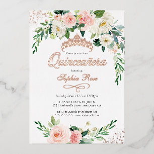 ROSE GOLD FOIL Pink Floral Quinceanera Invitation