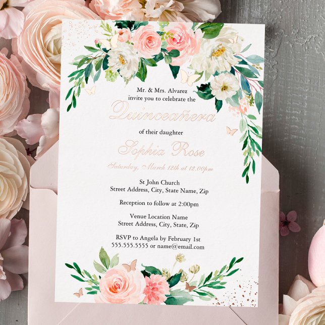 ROSE GOLD FOIL Pink Floral Quinceanera Invitation (Creator Uploaded)