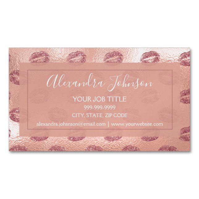 Rose Gold Foil Pink Lips Makeup Artist Business Card Magnet (Front)
