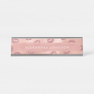 Rose Gold Foil Pink Lips Makeup Artist Desk Name Plate