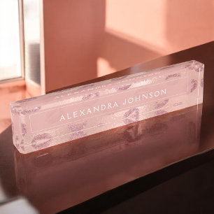 Rose Gold Foil Pink Lips Makeup Artist Desk Name Plate