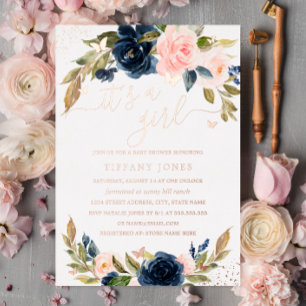 ROSE GOLD FOIL Pink Navy Floral Baby Shower Foil Invitation
