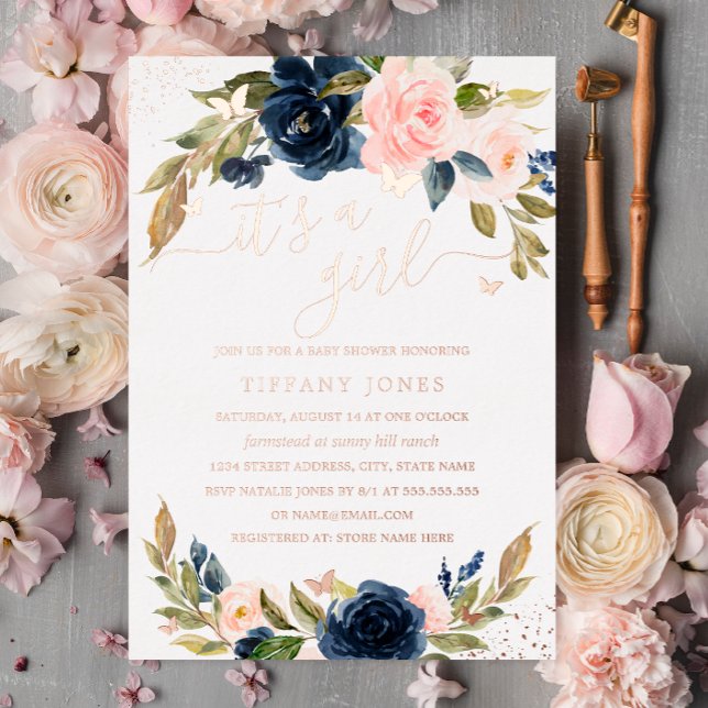 ROSE GOLD FOIL Pink Navy Floral Baby Shower  Invitation (Creator Uploaded)