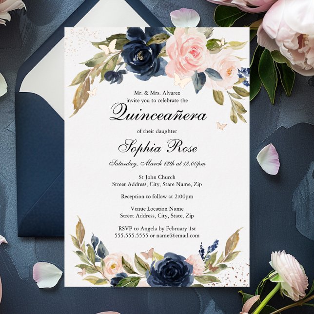 ROSE GOLD FOIL Pink Navy Floral Quinceanera  Foil Invitation (Creator Uploaded)