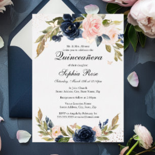 ROSE GOLD FOIL Pink Navy Floral Quinceanera  Invitation