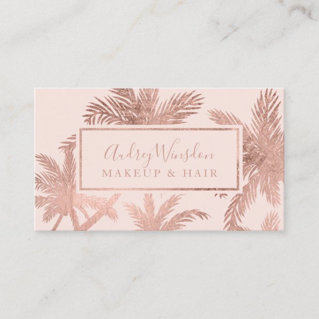 Rose gold foil pink palm tree Makeup Hair script Business Card (Front)