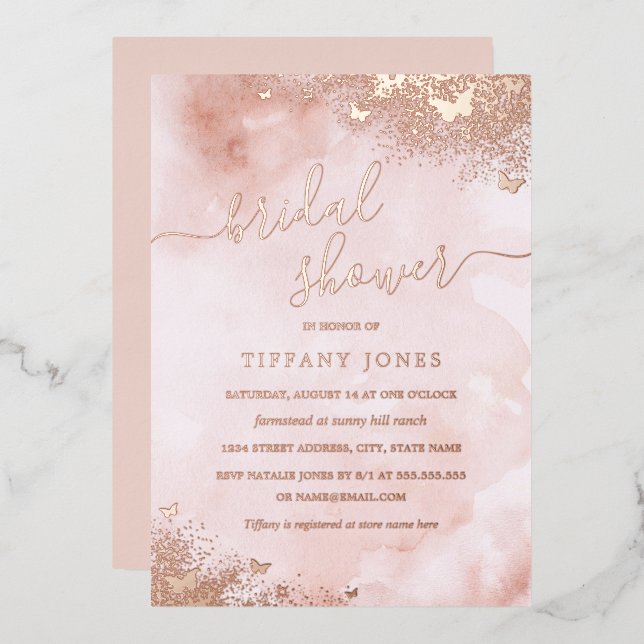 ROSE GOLD FOIL Pink Peach Butterfly Bridal Shower  Invitation (Front/Back)