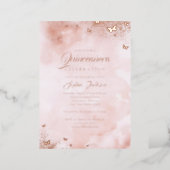ROSE GOLD FOIL Pink Peach Butterfly Quinceanera  Foil Invitation (Standing Front)