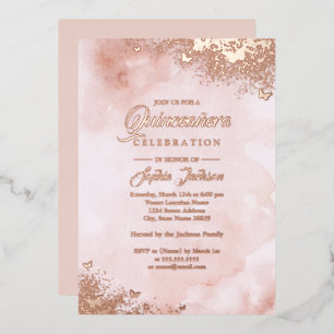 ROSE GOLD FOIL Pink Peach Butterfly Quinceanera Foil Invitation