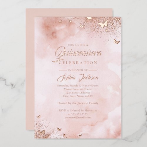 ROSE GOLD FOIL Pink Peach Butterfly Quinceanera  Foil Invitation