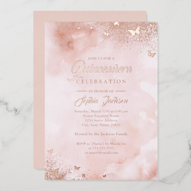 ROSE GOLD FOIL Pink Peach Butterfly Quinceanera  Foil Invitation (Front/Back)