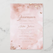 ROSE GOLD FOIL Pink Peach Butterfly Quinceanera  Foil Invitation (Front)
