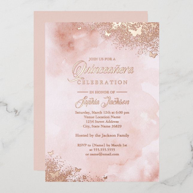 ROSE GOLD FOIL Pink Peach Butterfly Quinceanera  Foil Invitation (Front/Back)