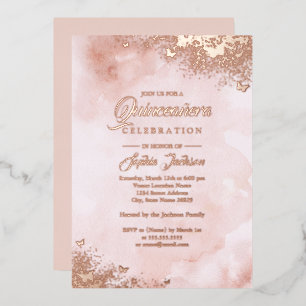 ROSE GOLD FOIL Pink Peach Butterfly Quinceanera  Invitation