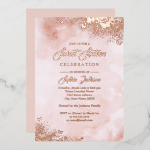 ROSE GOLD FOIL Pink Peach Butterfly Sweet Sixteen  Invitation