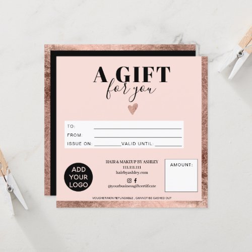 Rose gold foil pink square gift certificate logo