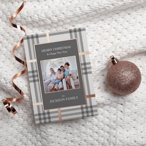 Rose Gold Foil Plaid Holiday Photo Christmas Card