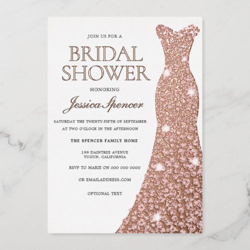 Rose Gold Foil Pressed Dress Gown Bridal Shower Foil Invitation