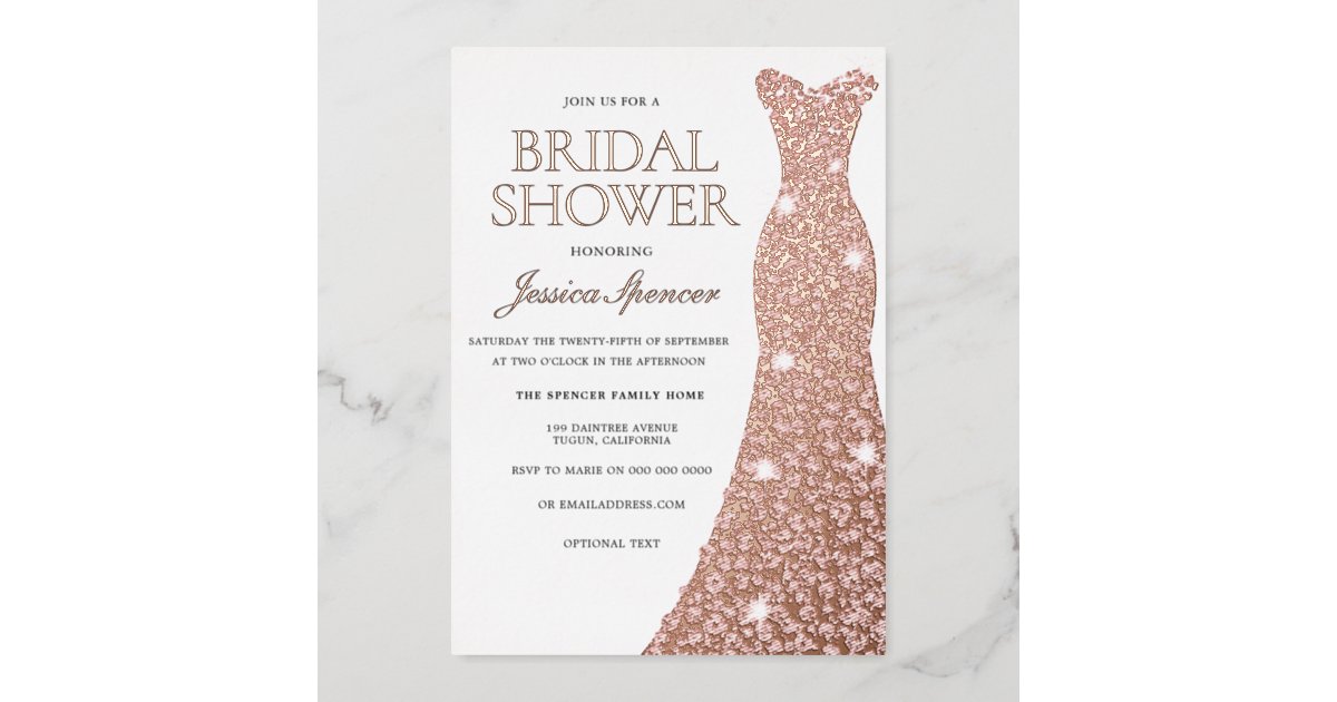 Rose Gold Foil Pressed Dress Gown Bridal Shower Foil Invitation | Zazzle