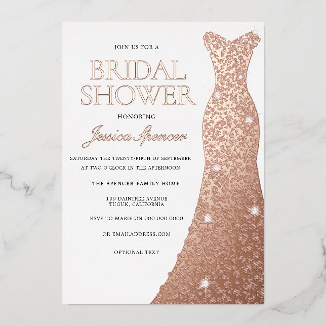 Rose Gold Foil Pressed Dress Gown Bridal Shower Foil Invitation (Front)