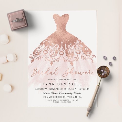 Rose Gold Foil Pressed Wedding Dress Bridal Shower Foil Invitation