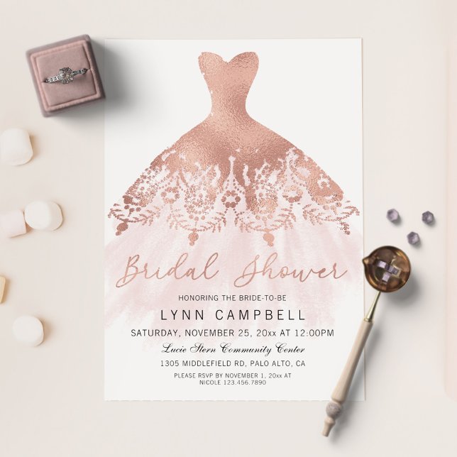 Rose Gold Foil Pressed Wedding Dress Bridal Shower Invitation (Creator Uploaded)
