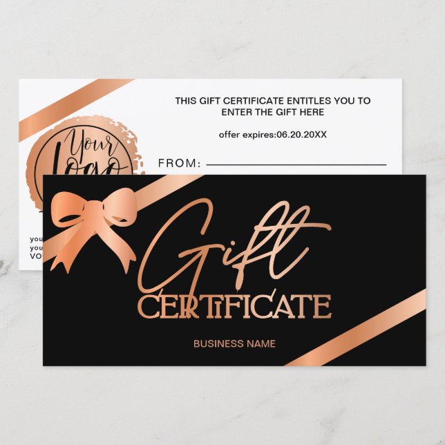 Rose gold foil ribbon black logo gift certificate (Front/Back)