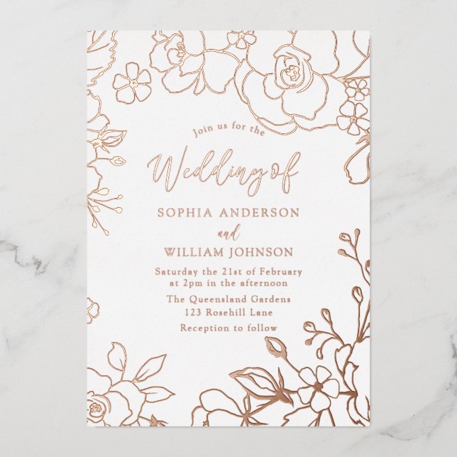 Rose Gold Foil Rose Gold Leaves Wedding Invitation (Front)